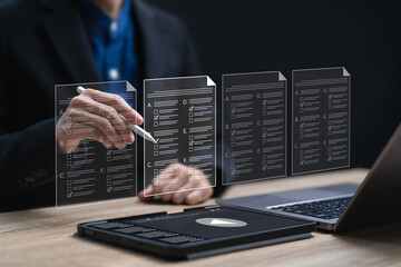 E-learning technology and training online concept, Businesswoman taking a test document online to get a certificate from video learning, Skill development, Education, Internet learning, Levelling