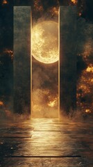 Dramatic Portal with Glowing Sphere and Celestial Background