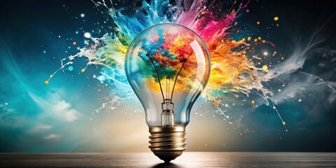 Creative light bulb with colorful paint explosion concept for innovation and ideas stock