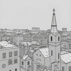 Obraz premium City skyline with rooftops and church steeple in monochrome style 