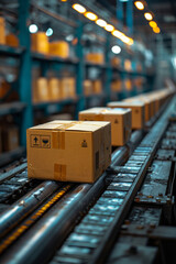 Industrial robotics arm packing parcels in post office.