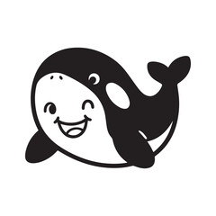 An adorable line drawing of a baby orca whale with a big smile and a playful pose. 