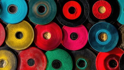 Fototapeta premium A close-up view of a collection of colorful, vintage vinyl records, arranged together, offering a vibrant aesthetic.