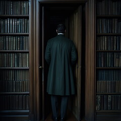 Naklejka premium Secret agent entering a hidden room in a library filled with old books and mystery
