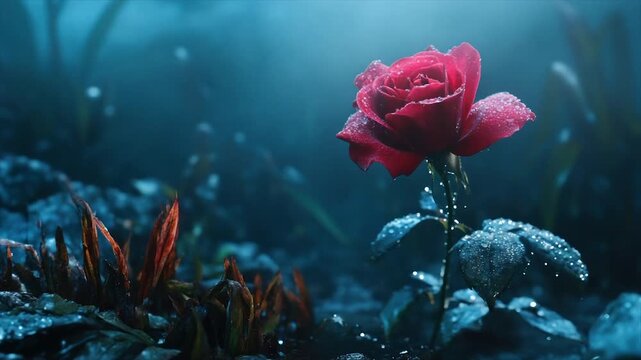 Dew-kissed red rose blooms in a mystical, dark blue garden