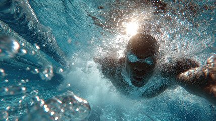 Underwater View Of A Person Swimming In A Blue Pool