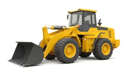 A bright yellow construction vehicle with a large bucket and thick tires is isolated on a white background, ready for work
