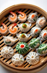 Assortment of Steamed Chinese Dim Sum in Bamboo Steamer