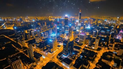 Futuristic Aerial View of Smart City with Digital Network Overlay at Night - Powered by Adobe