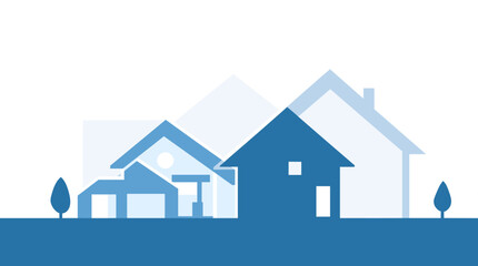 Modern geometric houses in cool blue tones create a clean, inviting community landscape for real estate concepts