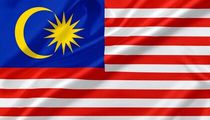 Malaysian flag with 14 red-white stripes, blue canton featuring crescent and star&mdash;symbolizing unity, faith, equality, and national identity rooted in multicultural harmony.