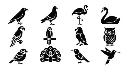 Naklejka premium Vector silhouette illustration a collection of bird silhouettes including a parrot, eagle, peacock, and hummingbird, isolated on a white background