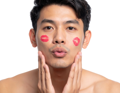 A young man with lipstick kiss marks on his cheeks poses with puckered lips and hands gently touching his face against a black background.