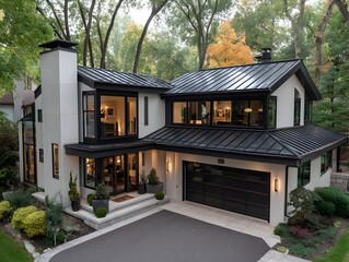 Fototapeta premium An elegant modern home with black trim stands surrounded by lush green trees in a lovely neighborhood.