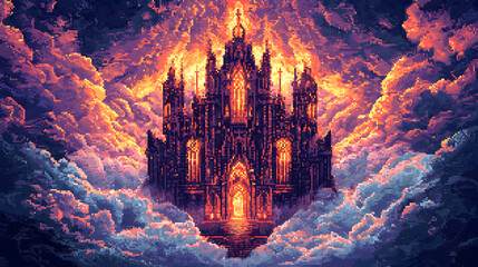 A gothic cathedral, ablaze, floats amidst fiery clouds.  Pixel art evokes a sense of grandeur and destruction