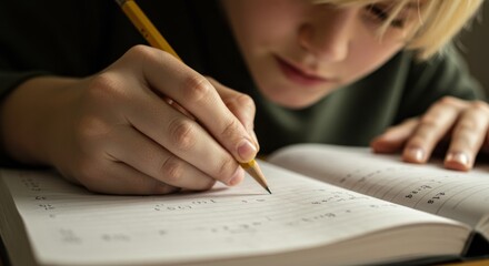 Boy studying; focuses, pencil in hand, book open, writing/solving arithmetic problems