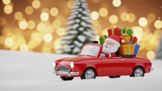 Red car full of gifts driven by Santa