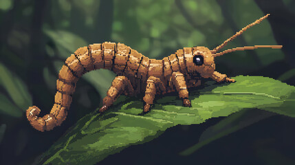 Pixel art of a small, light brownish-orange insect on a leaf in a lush green forest.  Its segmented body is long and thin, with a noticeable tail.  Large eyes and antennae are detailed