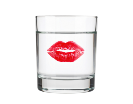 A clear glass of water features a vivid red lipstick kiss mark on its side.