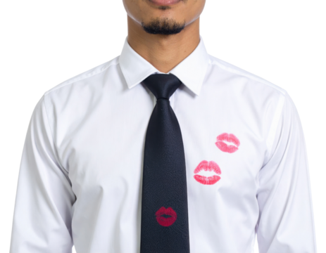 A man wearing a white dress shirt and black tie with three lipstick kiss marks on the shirt and one kiss mark on the tie. - Powered by Adobe