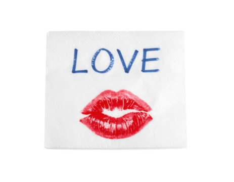 A white napkin with the word "LOVE" written in blue above a red lipstick kiss mark.