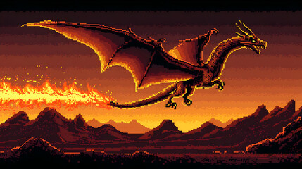 Fiery dragon soars through a fiery sunset landscape.  Dragon with large wings and tail, emitting flames.  Mountainous terrain in the background