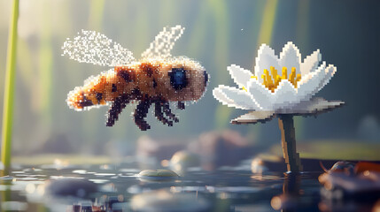 Pixelated bee, hovering near a lily pad, in a tranquil pond setting.  Detailed pixel art, displaying soft lighting and a close-up view of nature