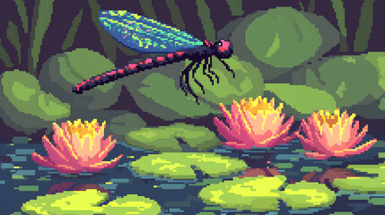 Pixel art dragonfly hovering over water lilies in a lush, dark pond.  Vibrant colors and detailed plant life are evident
