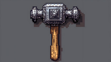 Pixelated, ornate hammer with a wooden handle.  Detailed metal head, decorative engravings