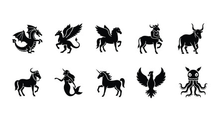 Vector silhouette illustration black silhouette illustrations of a pegasus and a unicorn on a white background