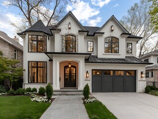 A stunning modern Tudor style house boasts meticulous architecture and a meticulously manicured lawn outside.