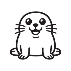 An adorable line drawing of a cheerful seal, sitting upright with a playful smile and big round eyes. 
