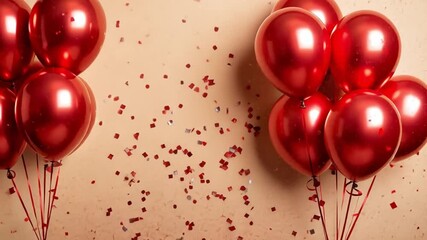Shiny red balloons floating with red confetti on an orange background, perfect for party, birthday, or Valentine's Day celebrations