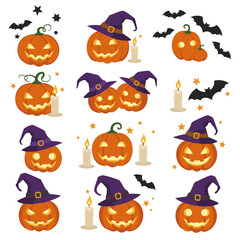 Naklejka premium Halloween jack-o'-lanterns set with witch hats, bats and candles