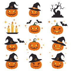 Halloween jack-o'-lanterns set with witch hats, bats and candles