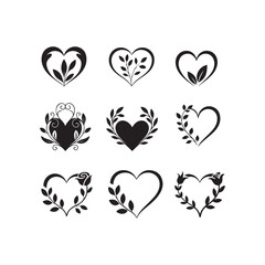 Elegant Black and White Heart Designs with Floral Accents.A collection of nine decorative heart shapes, each intricately outlined with stylized floral and leaf designs.