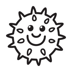An adorable line drawing of a cute sea urchin with soft spikes and a sweet, smiling face. 