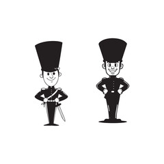 Two cartoon soldiers in formal black uniforms.Two stylized cartoon soldiers in black and white, likely for use in children's books, games, or educational materials.