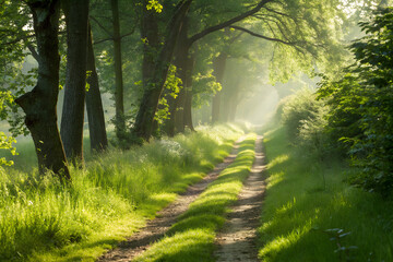 Fototapeta premium A Winding Path Through a Sunlit Forest Awakening with Morning Light
