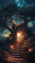 Pathway Leading to Light Through Stone Archway with Starry Sky Above