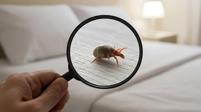 Hand Holding A Magnifying Glass Examining A Microscopic Dust Mite On A White Bed With Soft Pillows And A Lamp In A Brightly Lit Bedroom