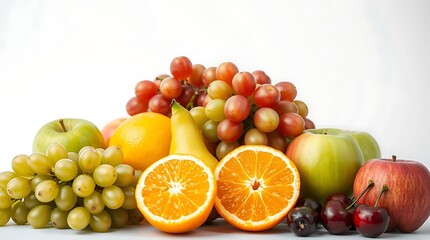 Assorted fresh fruits including oranges and grapes-A colorful assortment of fresh fruits featuring sliced oranges, grapes, apples, pears, and cherries arranged against a plain white background.