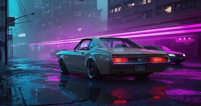 Retro car neon city night