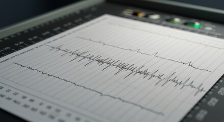 A close-up shows a printed medical chart displaying fluctuating line graphs with fine lines, indicating recording data details, on a dark surface