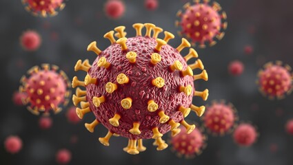 The image is a detailed 3D illustration of the COVID-19 virus, floating in a dark space. 