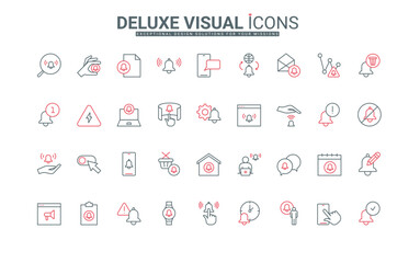 Notification and warning, new messages of mobile apps line icon set. Ring reminder bell on calendar and smartwatch, attention to application thin black and red outline symbols vector illustration
