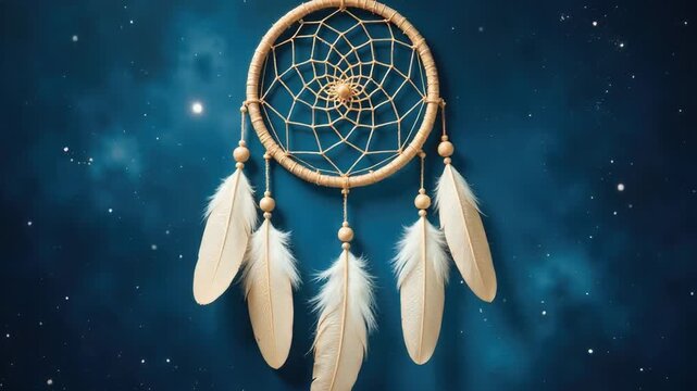 A close-up shot of a dream catcher hanging on a wall, often used in decorative or spiritual settings