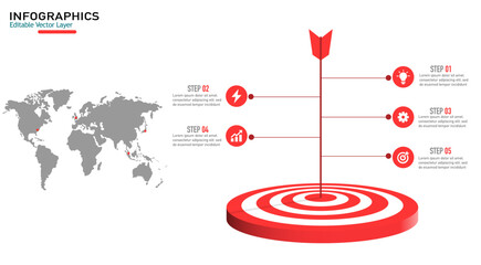 Modern business infographic template with a world map and a target goal, perfect for presentations and data visualization.