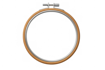 Wooden embroidery hoop featuring metal adjustment screw, positioned for crafting with clean transparent backdrop