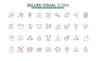 Business productivity of effective employee and team line icons set. Search process for idea and agreement, options for success and growth thin black and red outline symbols, vector illustration